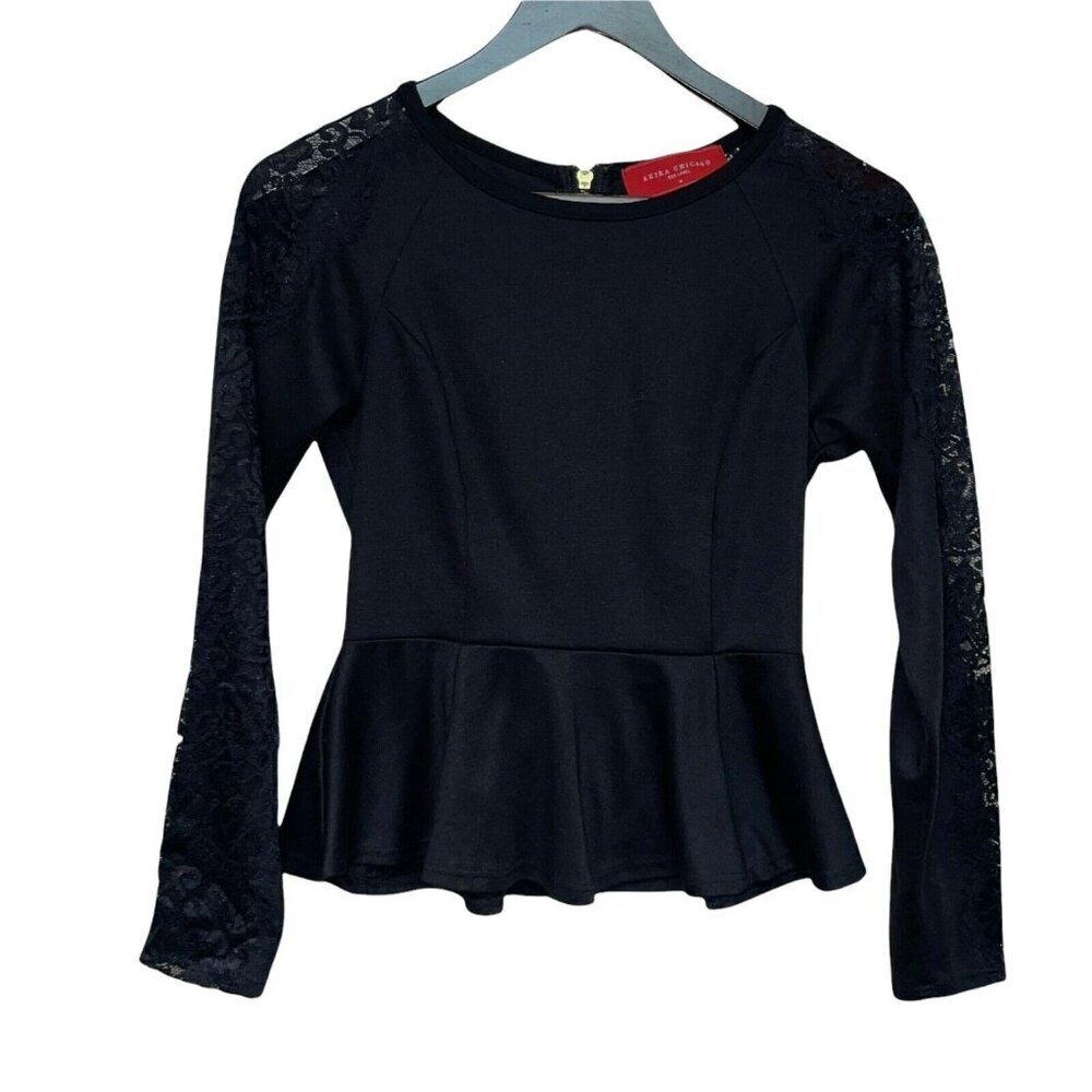 AKIRA Red Label Chicago Black Lace Peplum Back Zip Blouse Shirt Size Medium